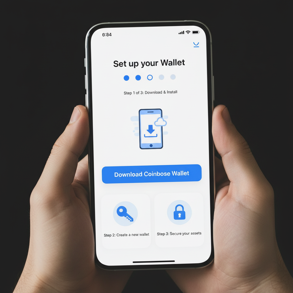 smartphone screen displaying Coinbase Wallet app installation and setup interface, clean modern UI, blue accents