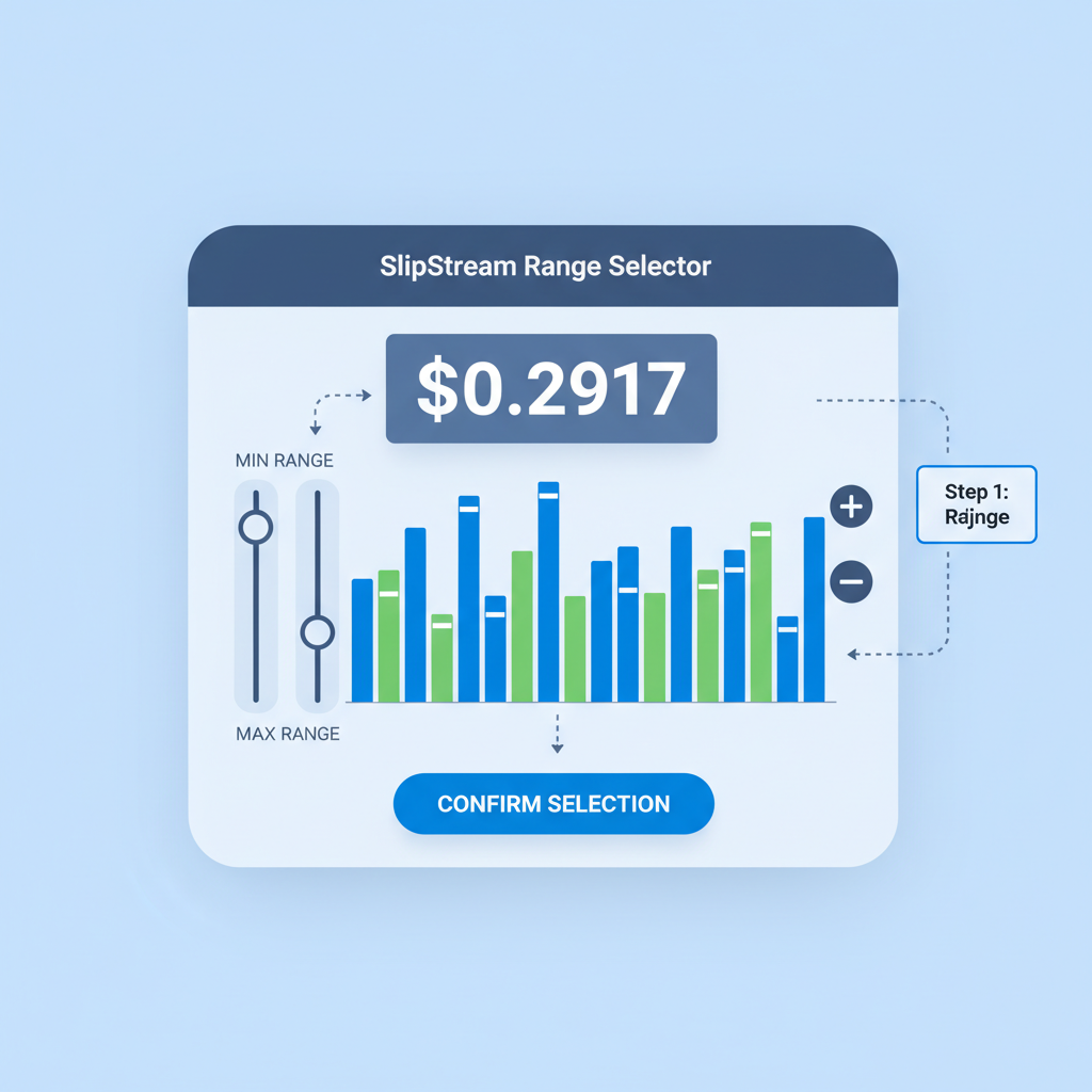 SlipStream range selector UI, price at $0.2917, chart with range bars