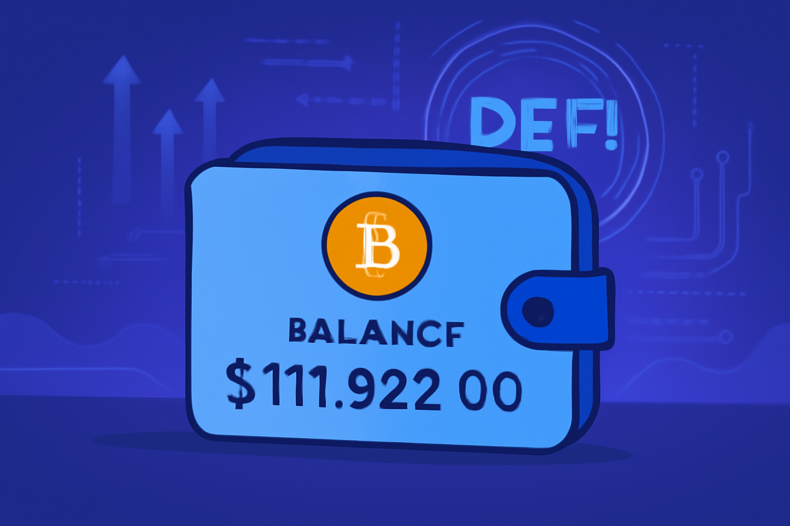 A digital wallet with Bitcoin logo, showing a balance and the price $111,922.00, set against a futuristic DeFi background