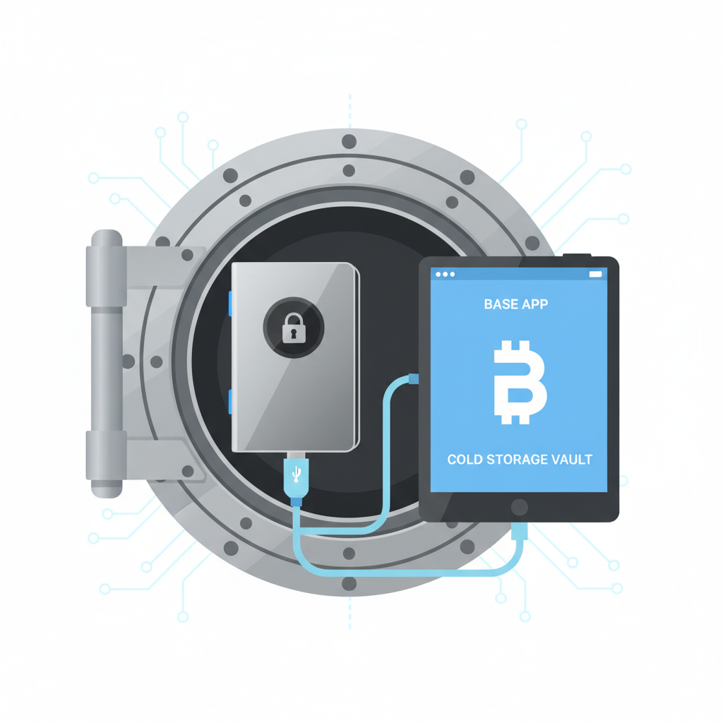 hardware wallet like Ledger connected to Base app, cold storage vault, metallic secure design