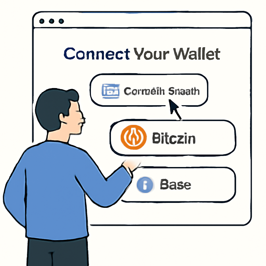 A user connecting their crypto wallet to a web interface, selecting Bitcoin and Base network, with clear UI elements