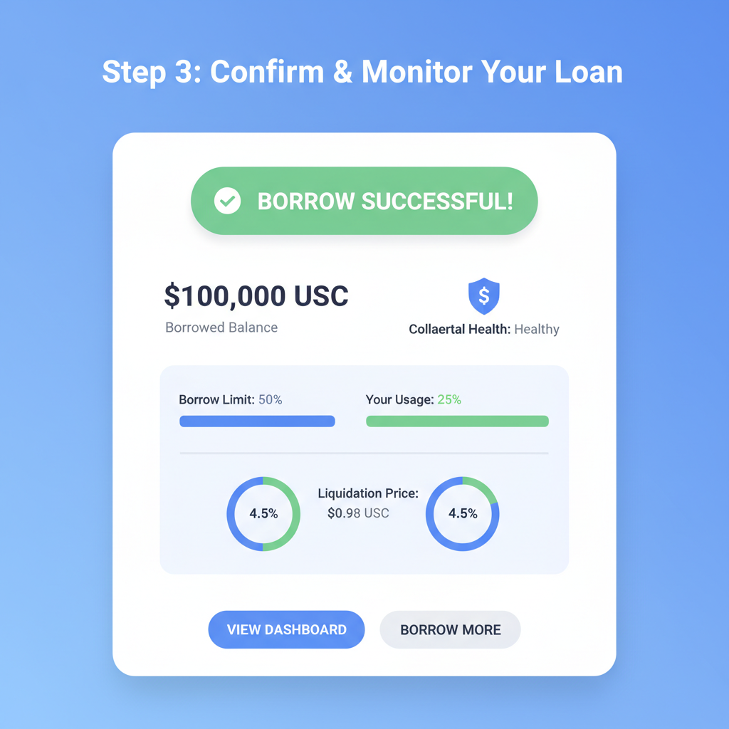 confirmation screen for USDC borrow on Morpho Base, success message with $100K USDC balance, monitoring dashboard