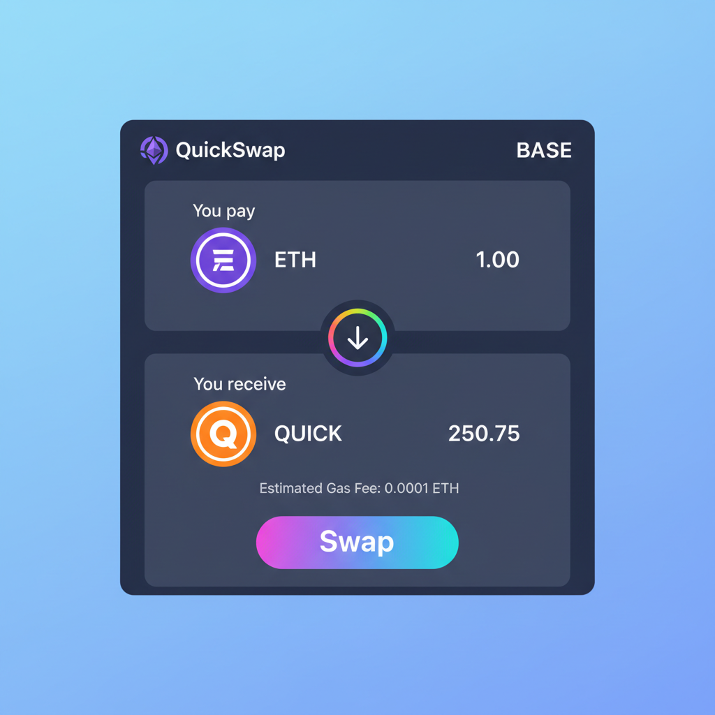QuickSwap DEX swap ETH to QUICK interface on Base, colorful tokens