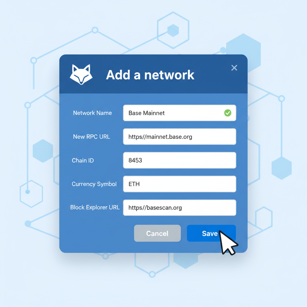 MetaMask wallet adding Base network, clean DeFi tutorial screenshot