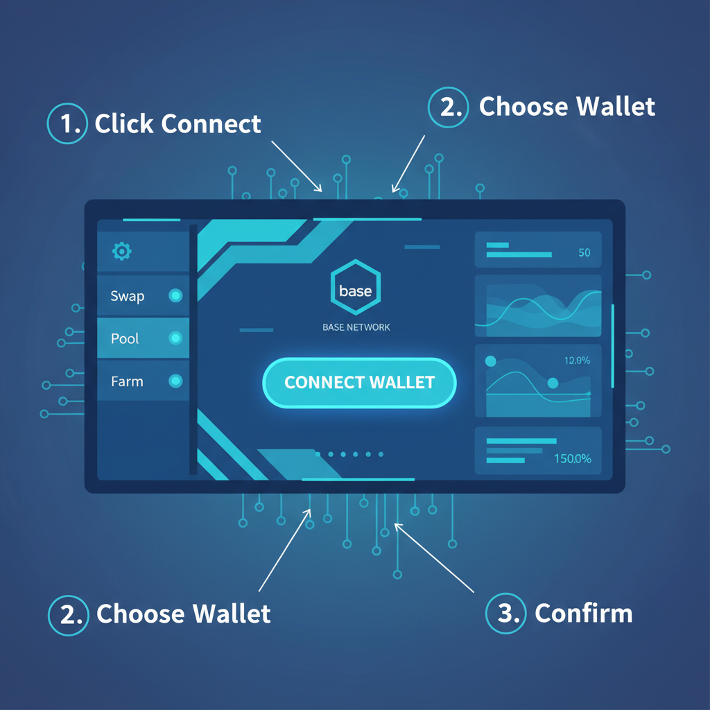sleek DeFi dashboard wallet connect button glowing blue, futuristic UI on Base network