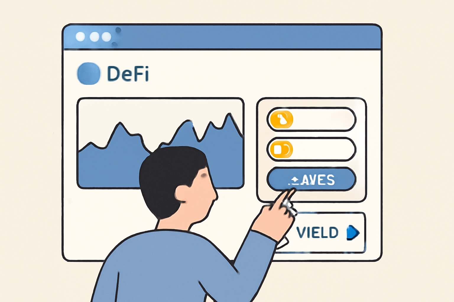 A user interacting with a DeFi dashboard on Base, showing charts, swaps, and yield options with BTC icons