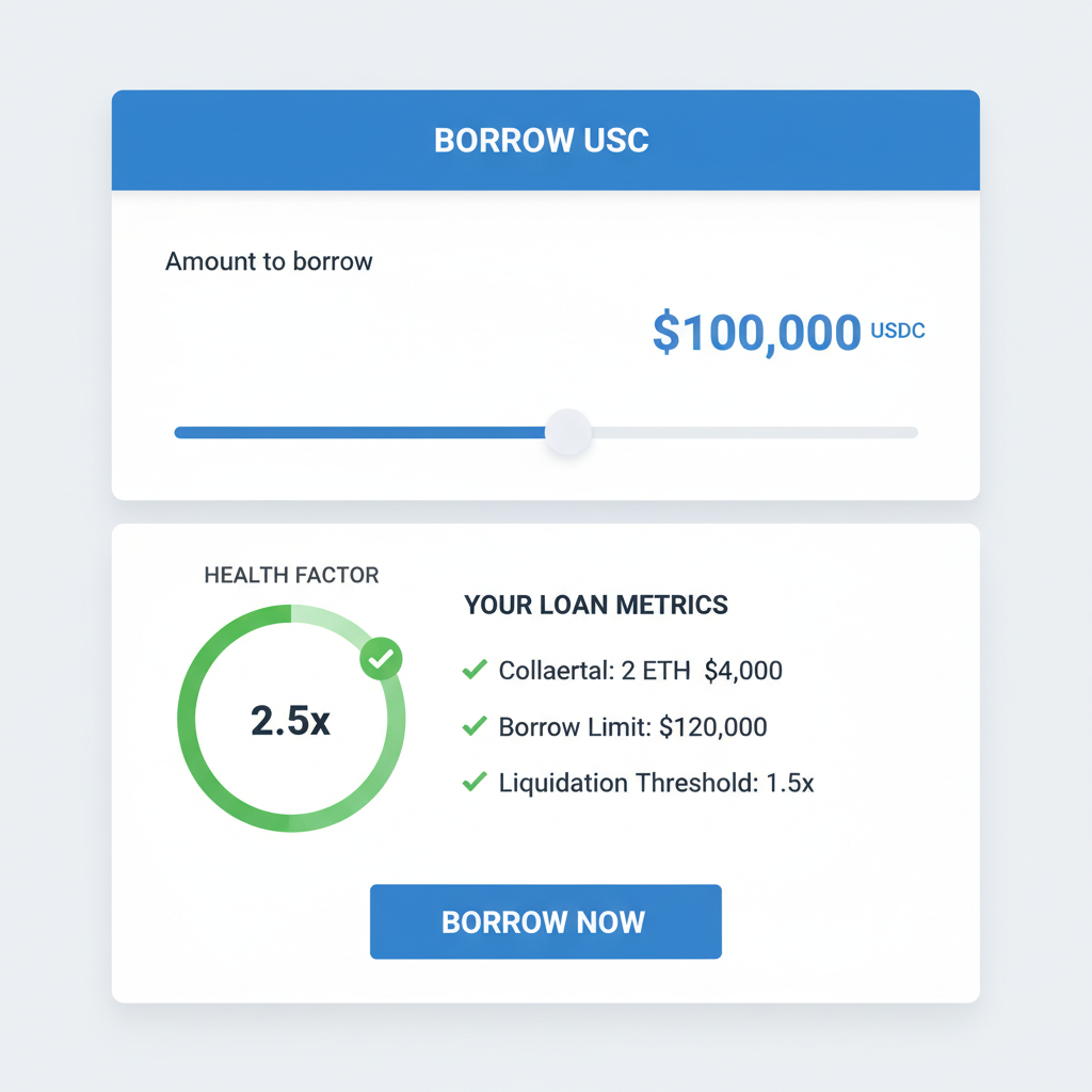 Morpho borrowing interface screenshot, USDC borrow slider up to $100K, health factor gauge, reassuring metrics