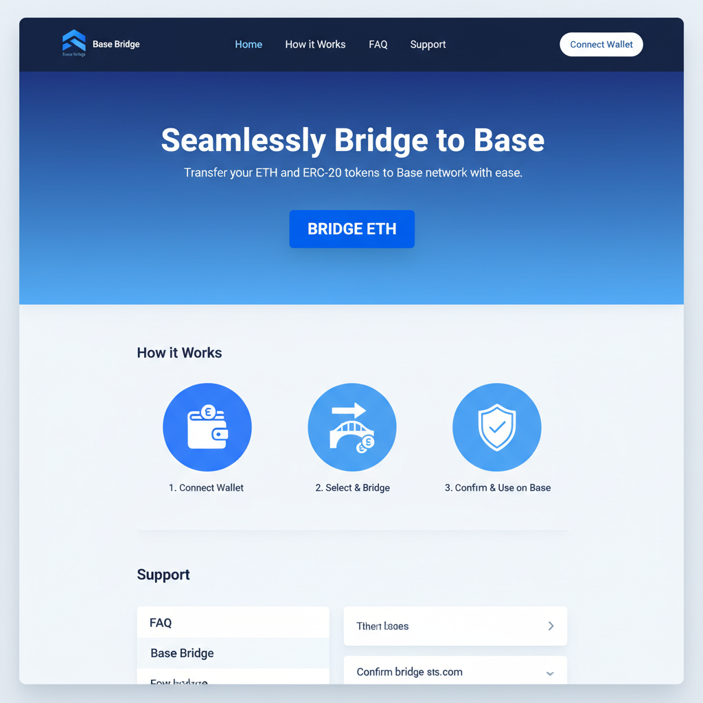 official Base bridge website homepage, clean web UI with bridge ETH button prominent, blue theme