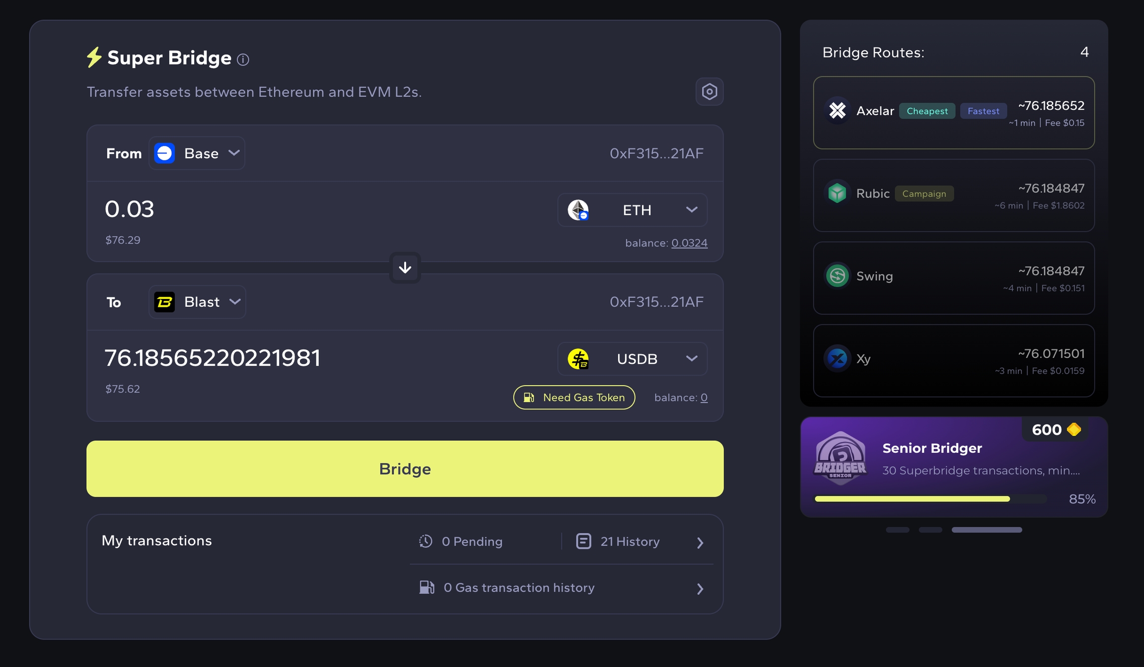 Using Base bridge interface to transfer assets