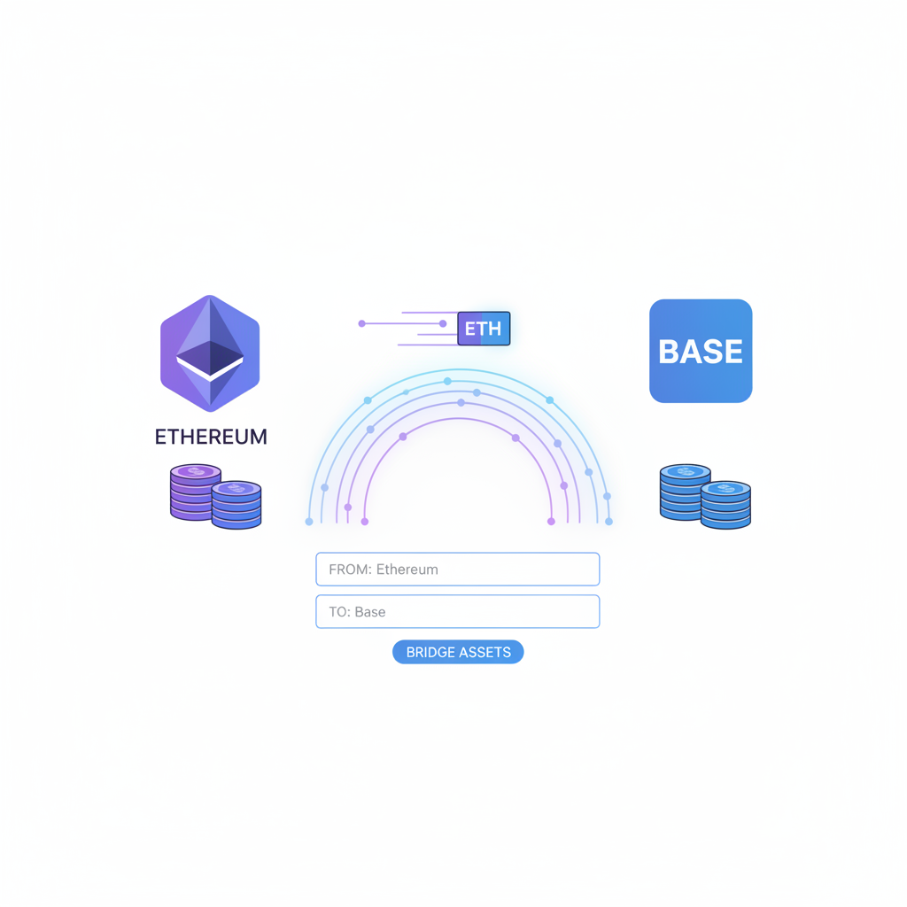simple illustration of ETH bridging from Ethereum to Base chain via official bridge interface, glowing bridge graphic