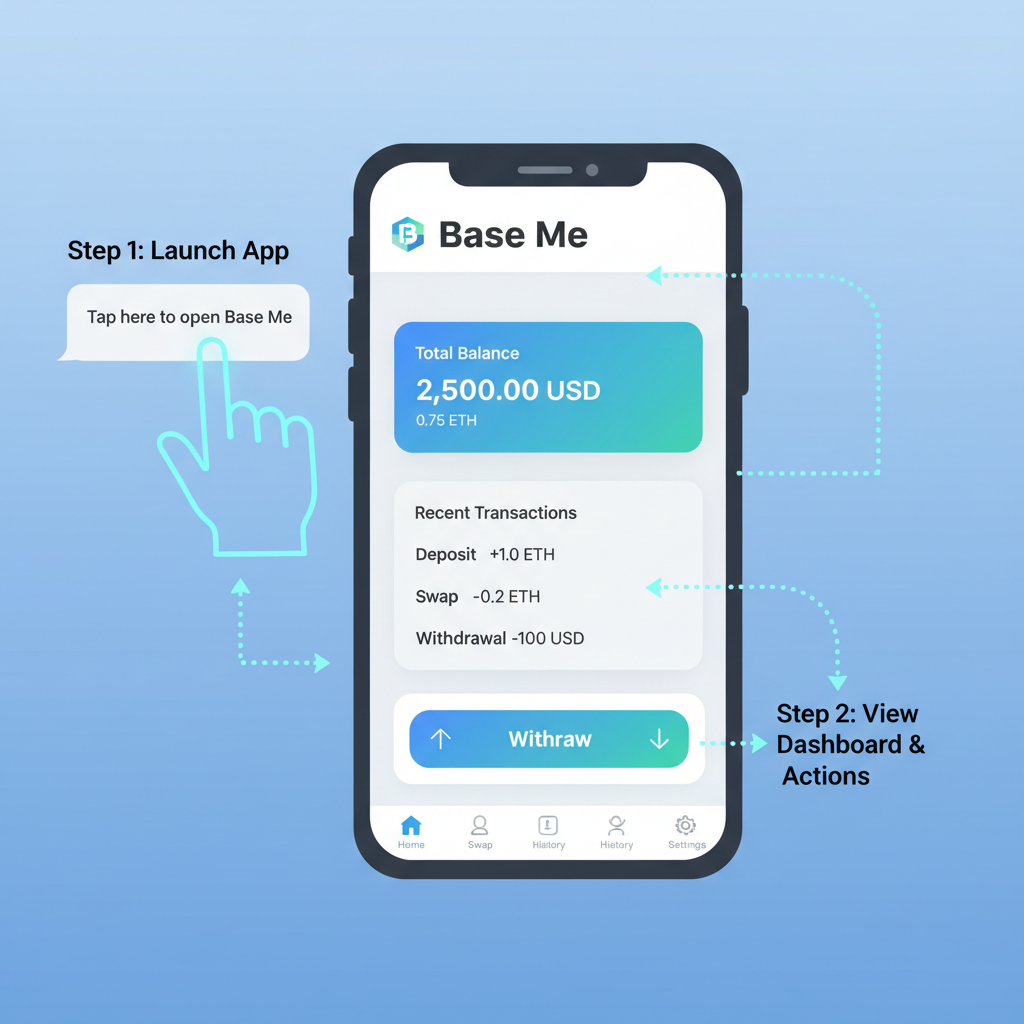 Telegram mini app interface opening Base Me dashboard clean modern crypto style