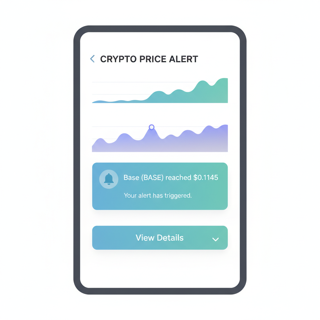 mobile app screen with crypto price alert notification for Base token at $0.1145