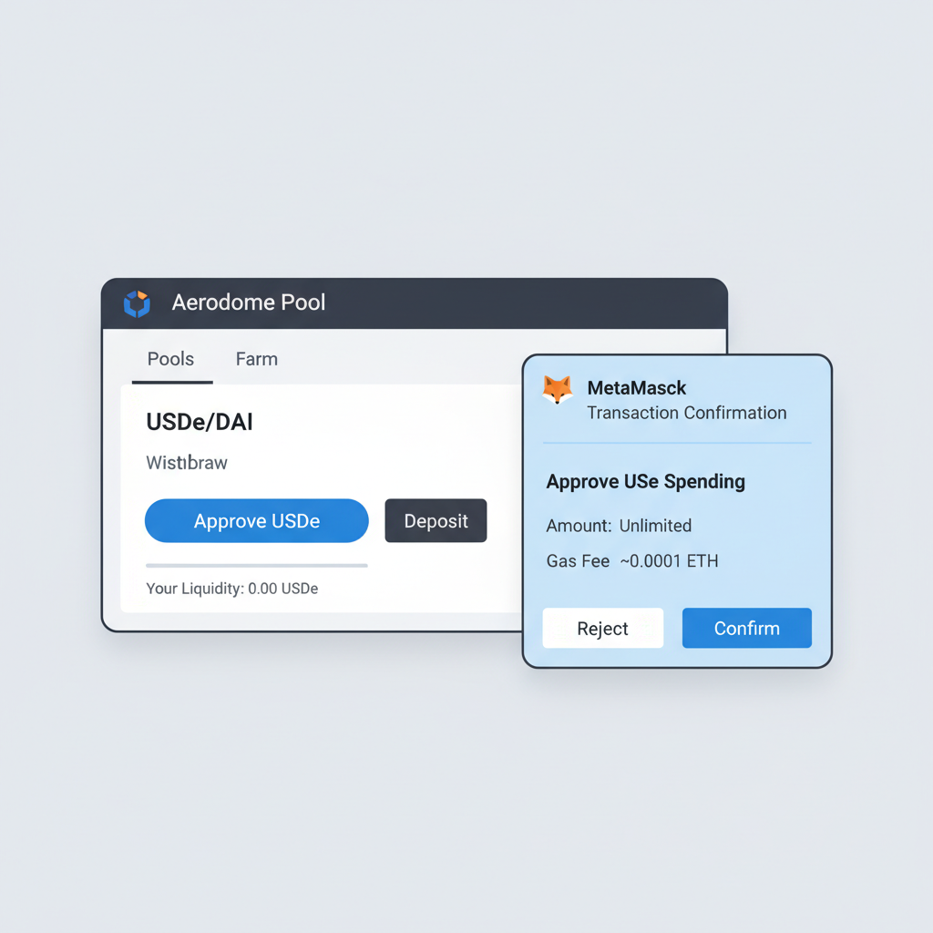 Aerodrome pool page with approve USDe button and MetaMask confirmation popup