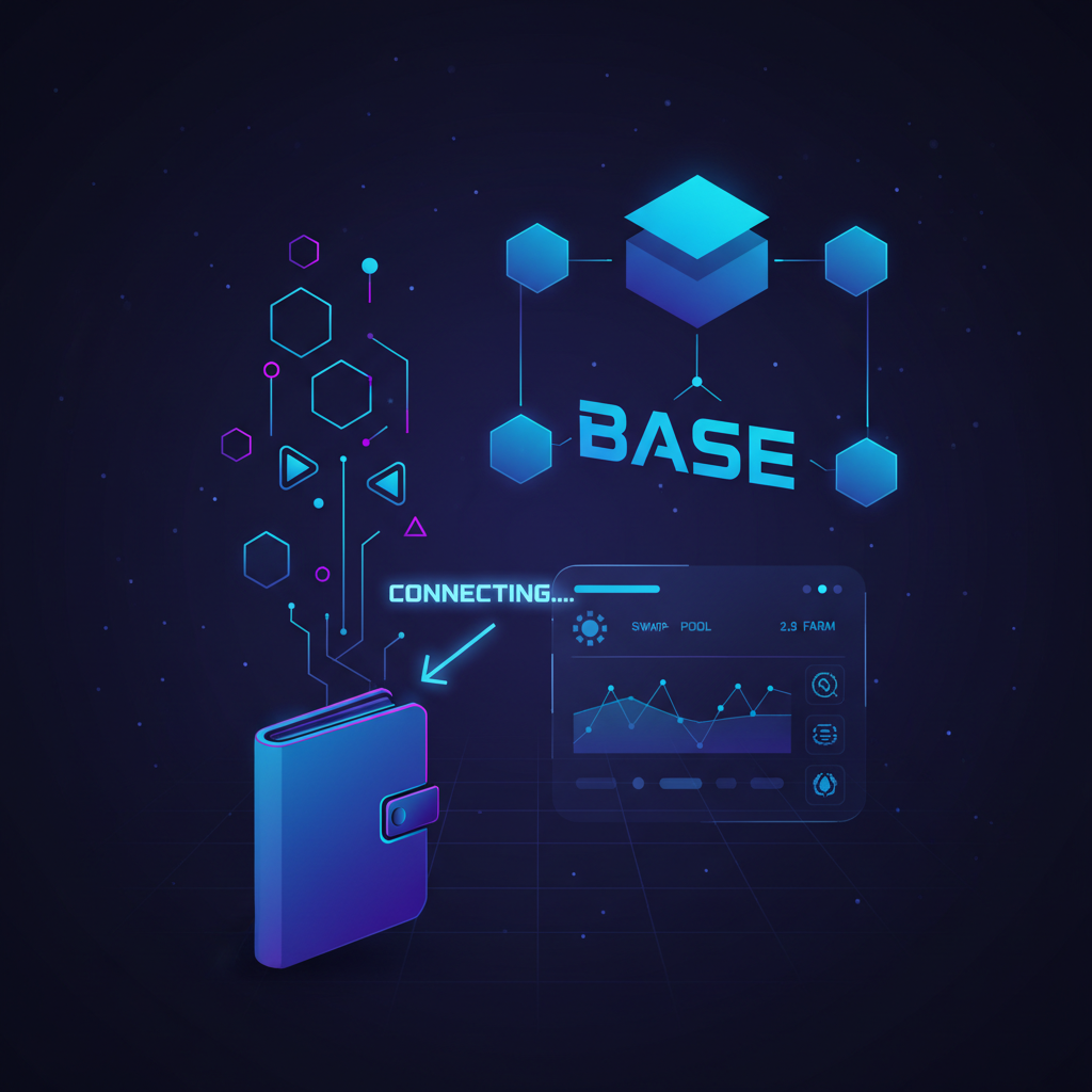 sleek wallet connecting to Base blockchain network, futuristic DeFi interface, neon blues and purples