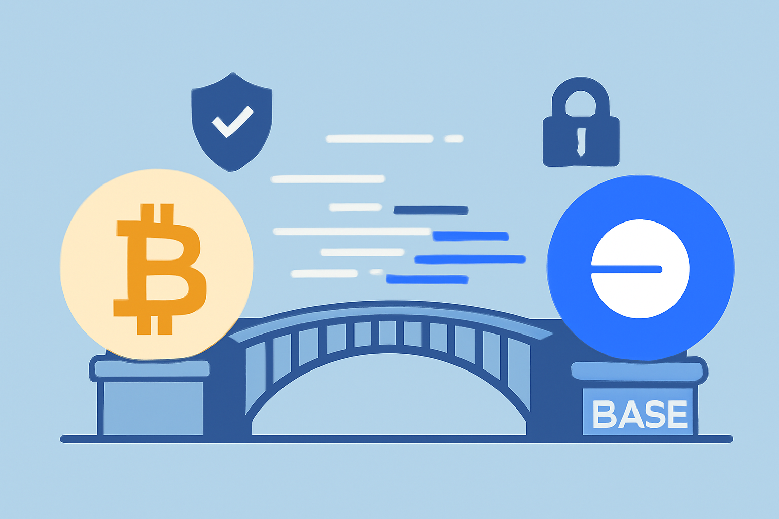 A digital bridge connecting a Bitcoin symbol to the Base logo, with security icons and fast transfer effects