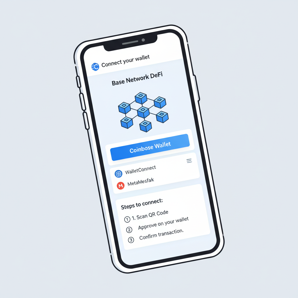 coinbase app on smartphone, wallet connection screen, defi base network ui, clean modern design