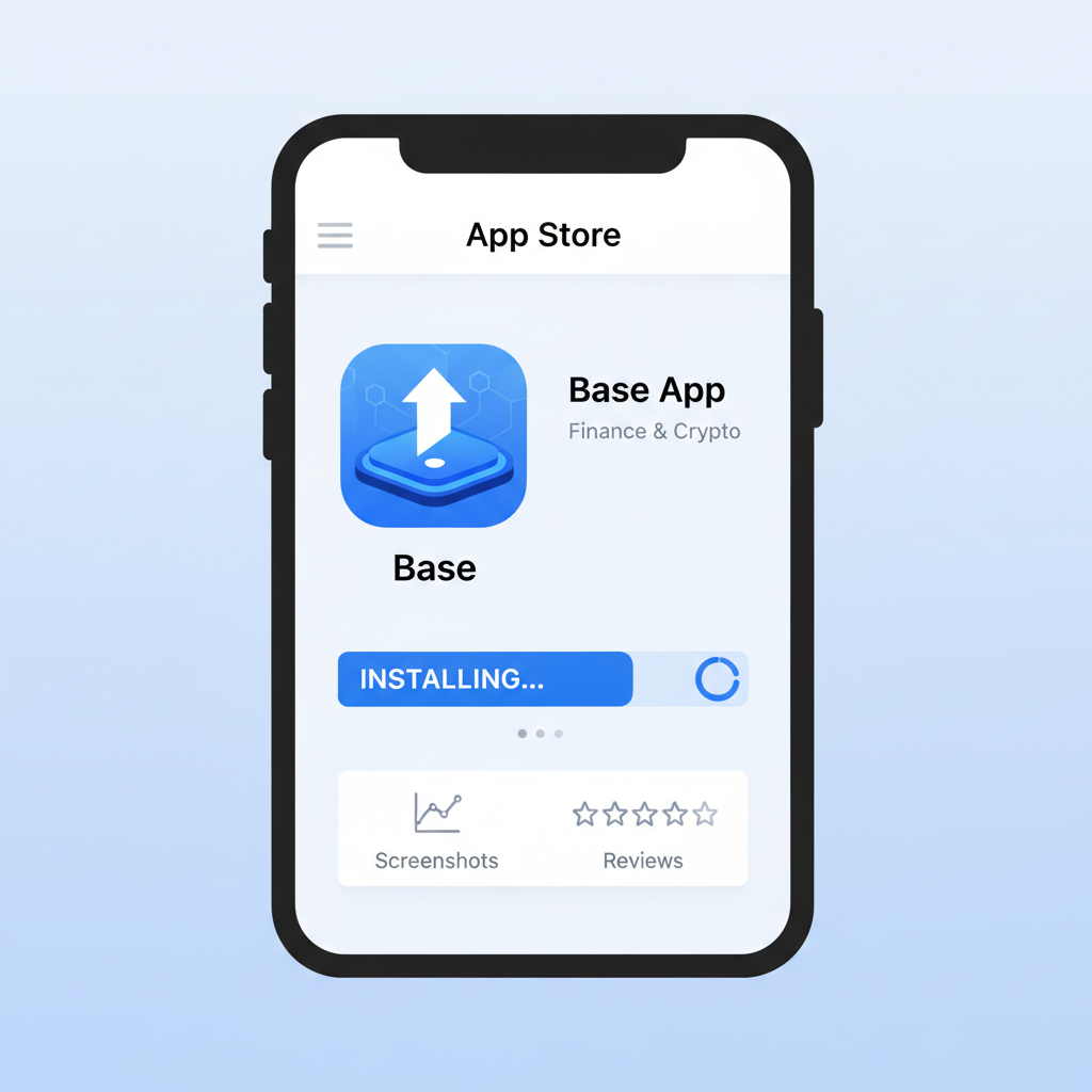 smartphone screen installing Base App from app store, crypto theme, clean UI