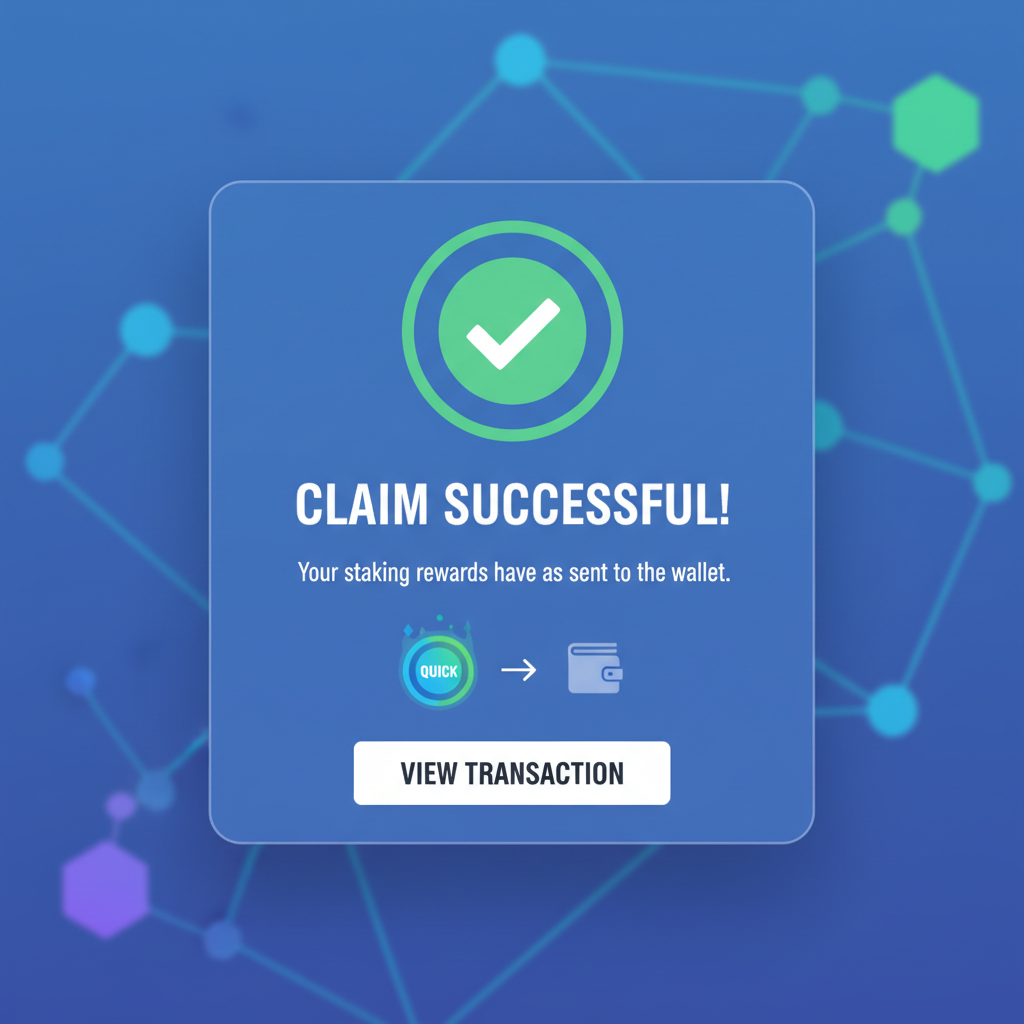 Claiming staking rewards on QuickSwap, success notification screen