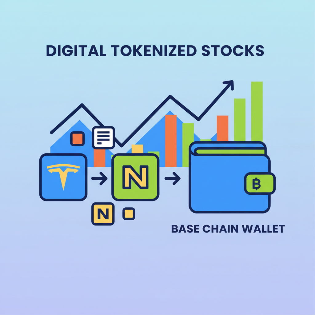 digital tokenized stocks like Tesla and NVIDIA icons flowing into wallet on Base chain, vibrant market charts