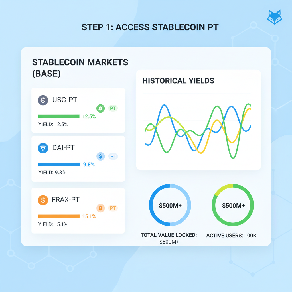 Pendle DeFi dashboard on Base, highlighting PT stablecoin markets, vibrant charts and yields
