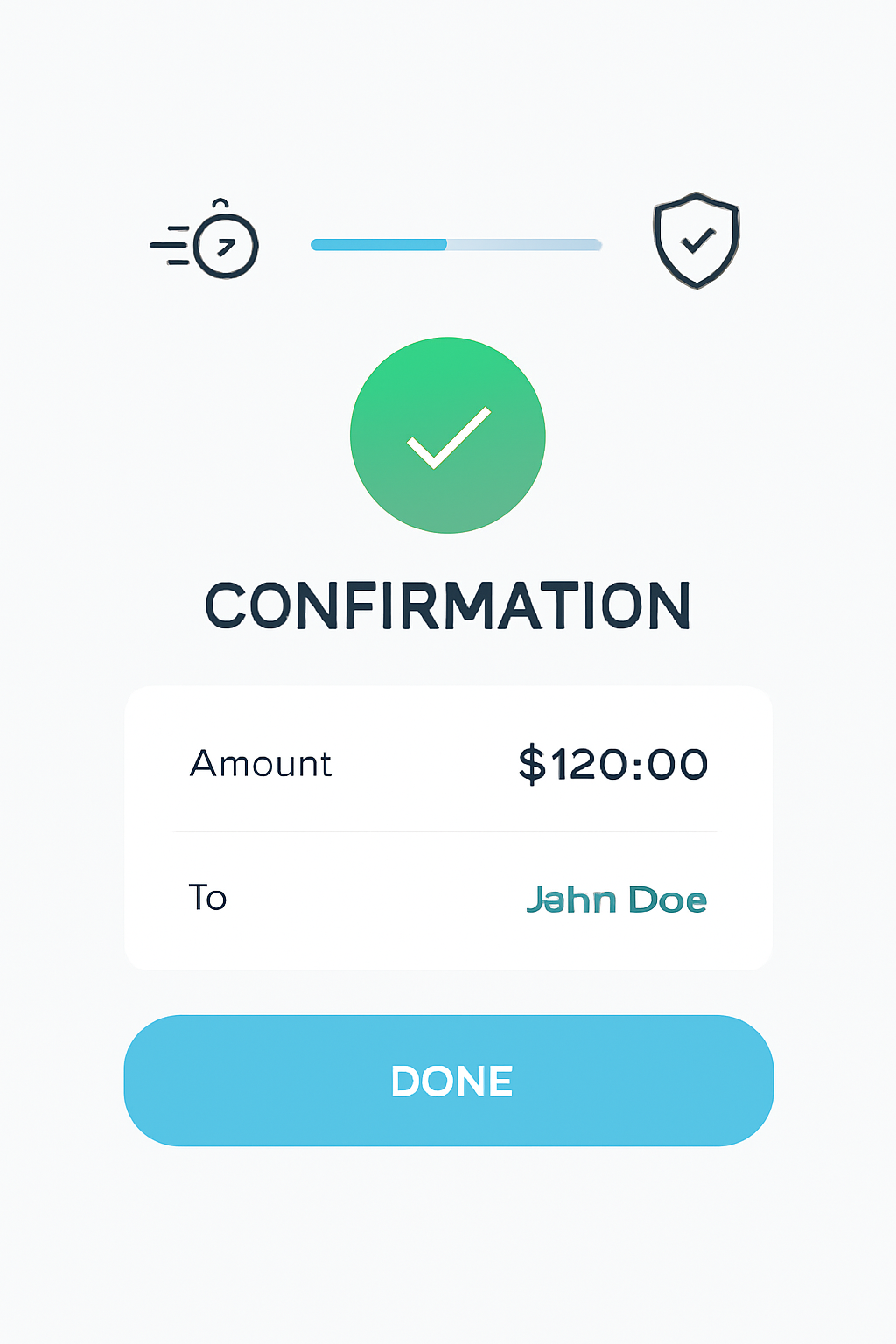 A confirmation screen with transaction details, progress bar, and icons for speed and security