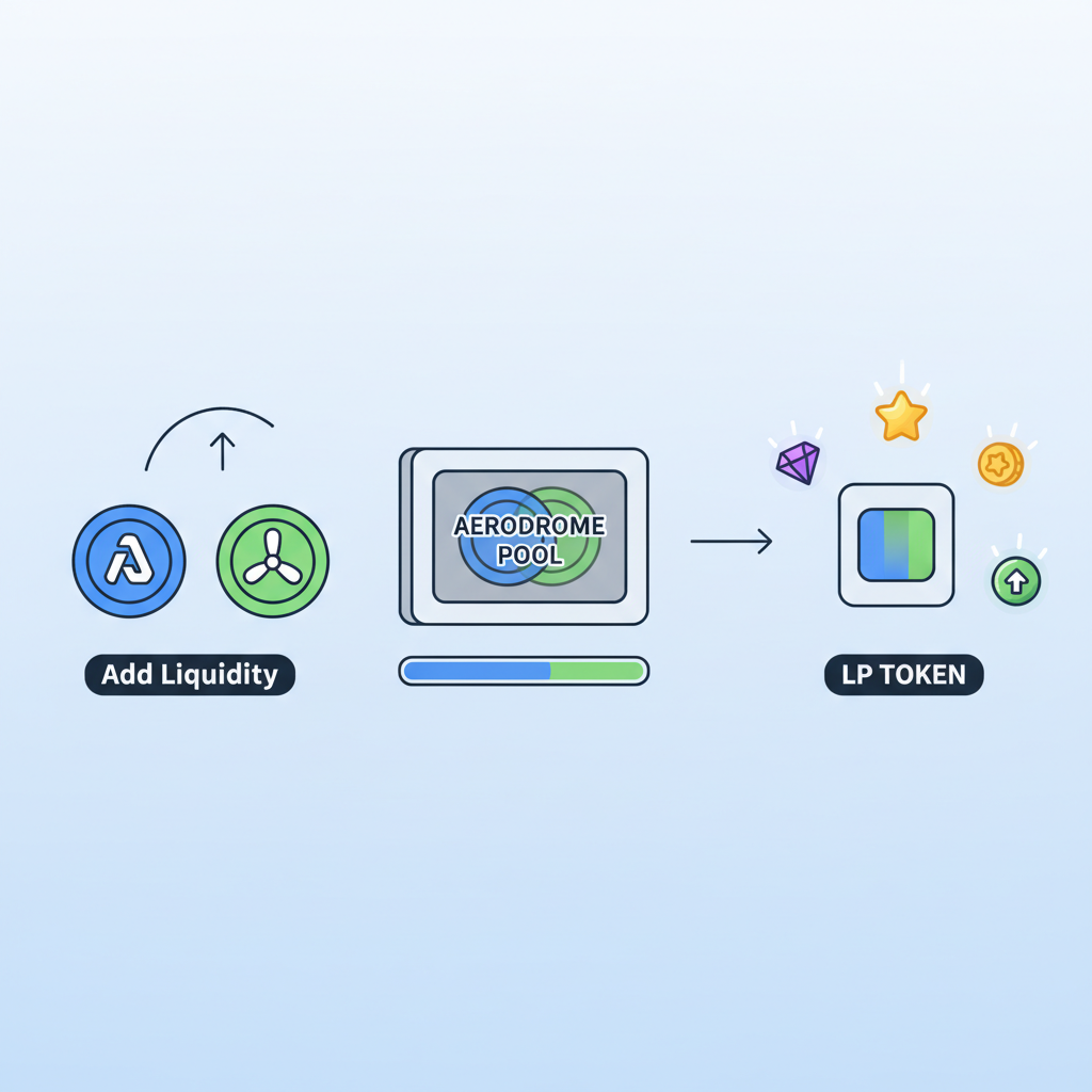 adding liquidity to aerodrome pool, tokens depositing into vault, LP token output, glowing reward icons --ar 16:9