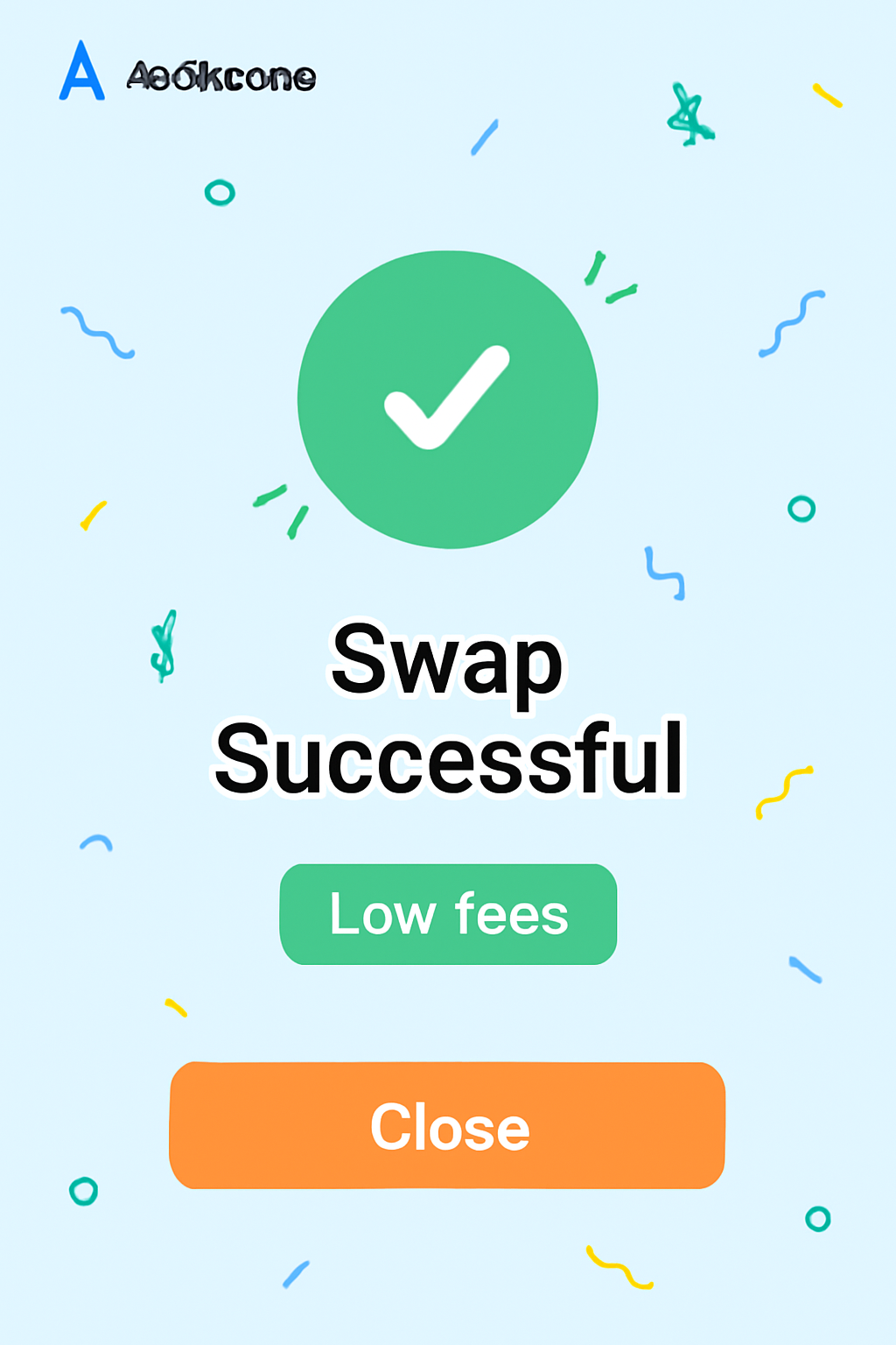 Final swap confirmation screen on Aerodrome with success animation, low fees highlighted, celebratory style