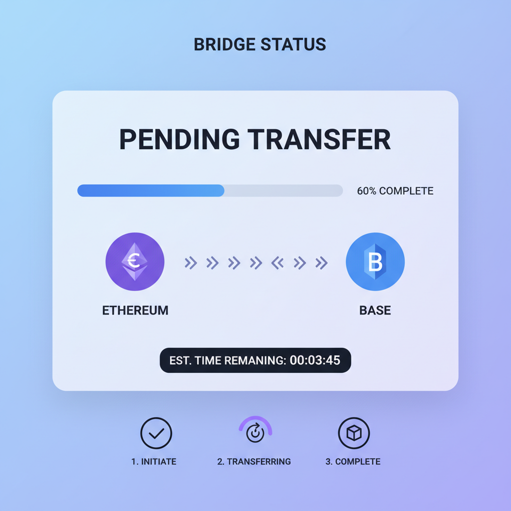Base bridge status page showing pending transfer, progress bar, Ethereum to Base arrow animation, timer