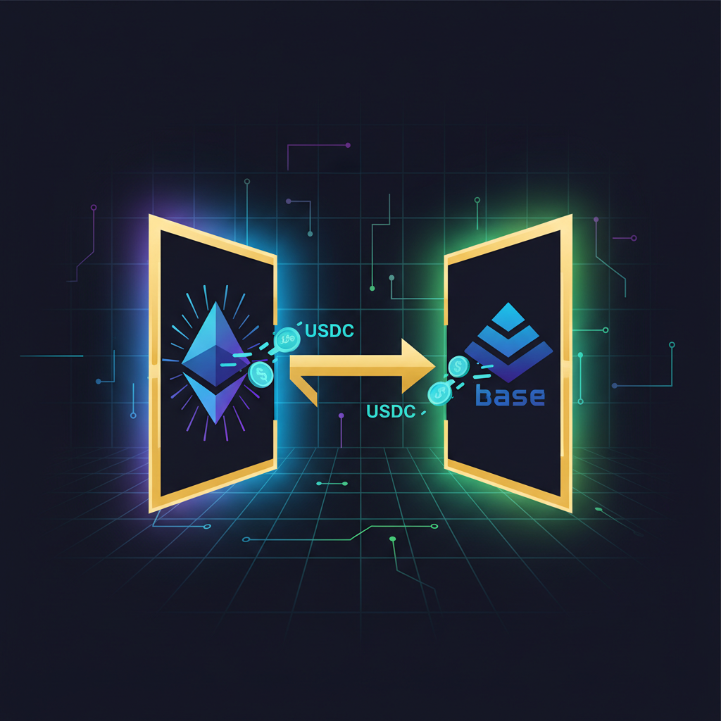 bridge icon transferring USDC from Ethereum to Base chain, glowing portal effect, cyberpunk style
