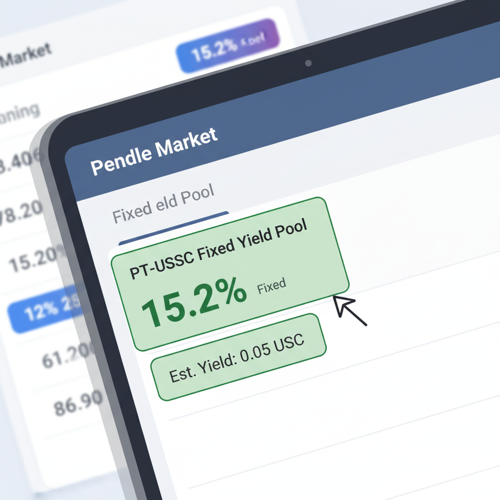 zoomed in Pendle market screen showing PT-USDC fixed yield pool, green APY highlights