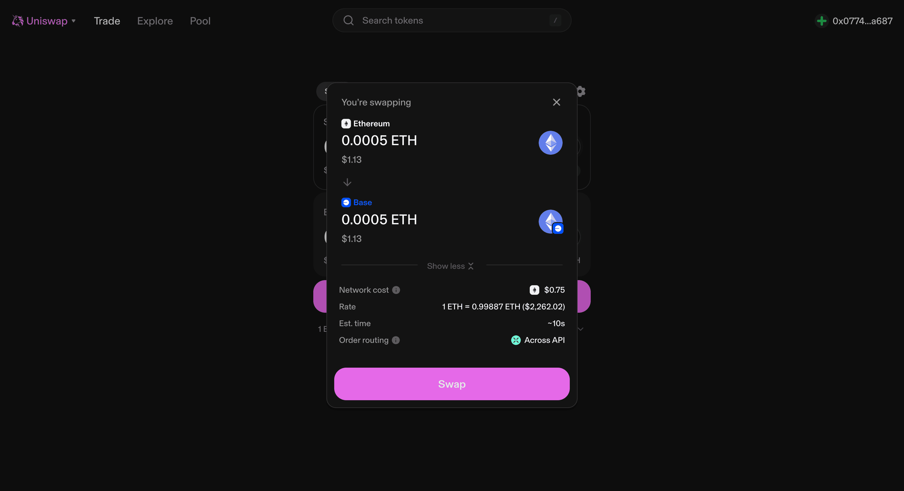 Uniswap Base blockchain token swap interface