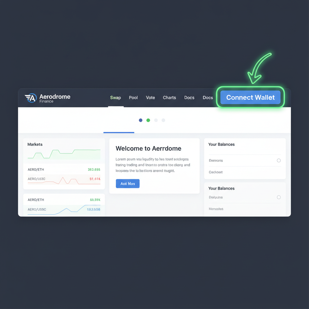 Aerodrome Finance dashboard homepage with connect wallet button highlighted