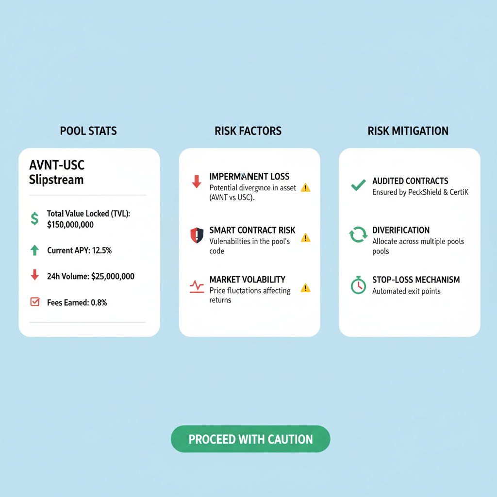 detailed view of AVNT-USDC Slipstream pool stats and risks