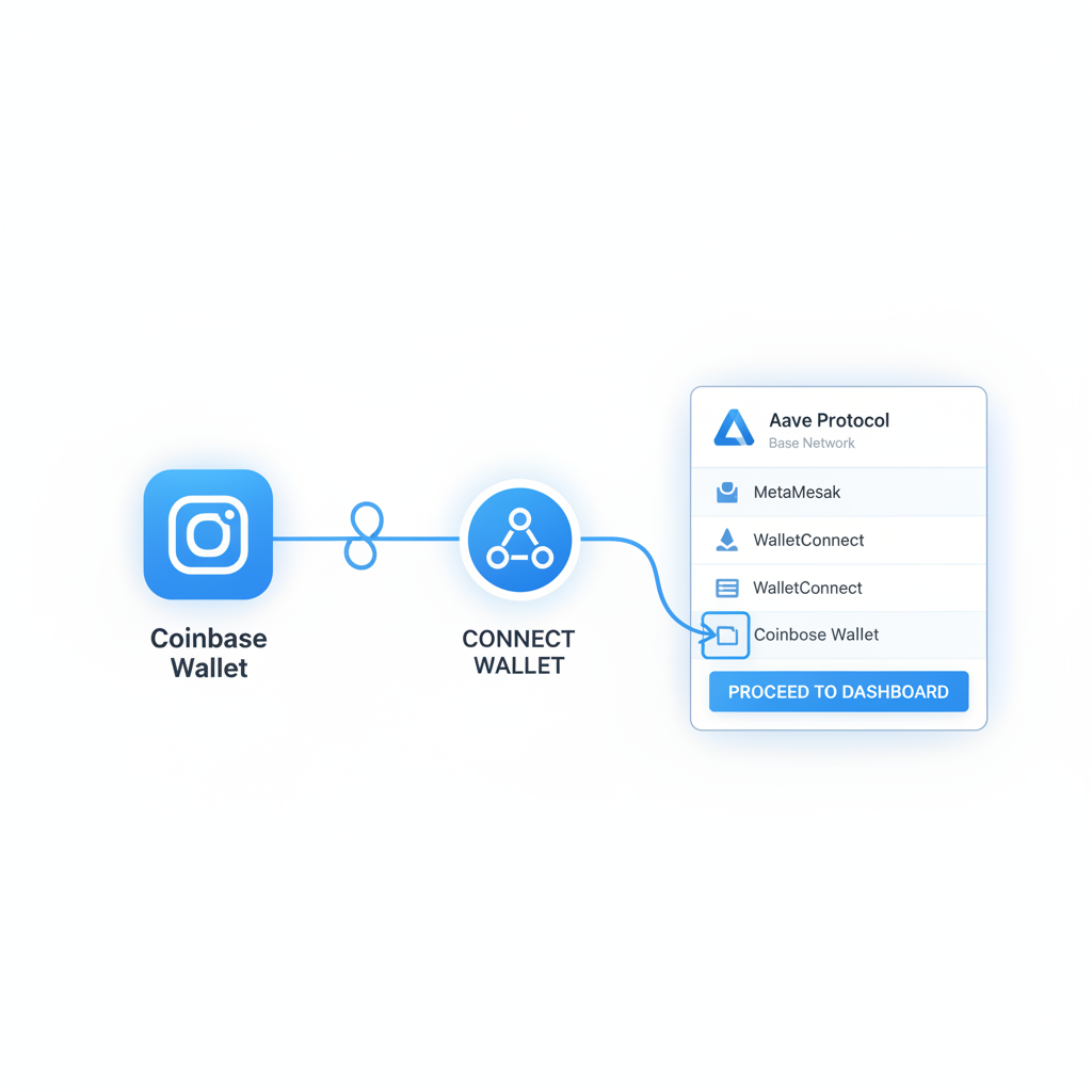 user connecting Coinbase wallet to Aave DeFi dashboard on Base blockchain, clean futuristic UI
