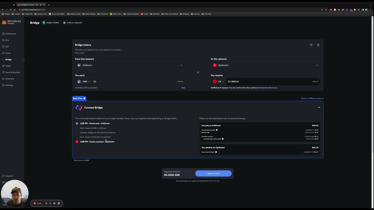 User confirming bridge transaction in MetaMask wallet
