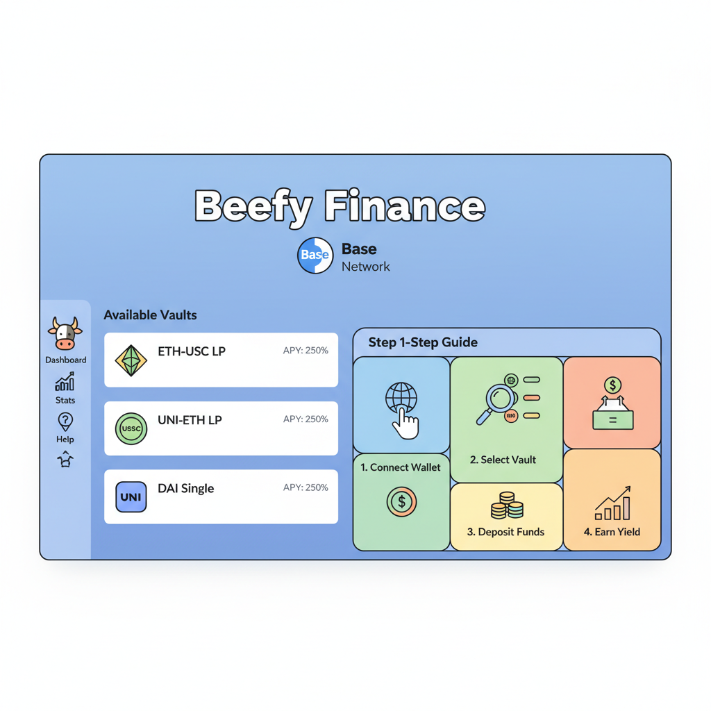Beefy Finance homepage dashboard switched to Base network, vaults list visible