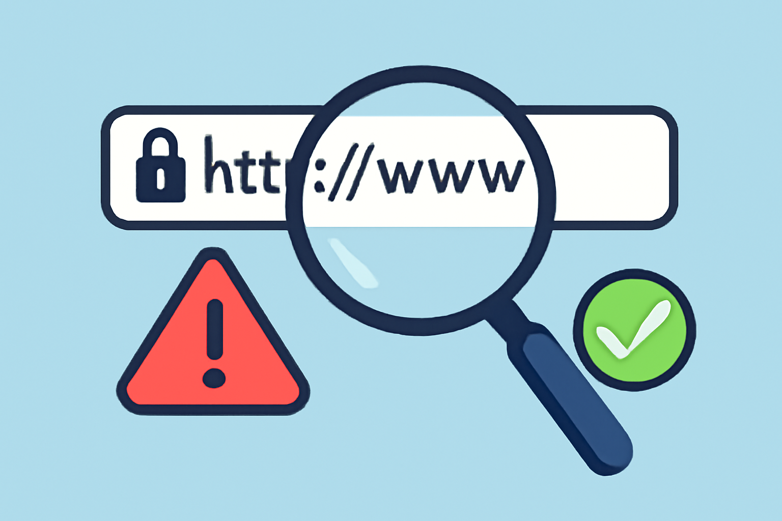 A magnifying glass inspecting a URL bar, with warning and checkmark icons, digital security theme
