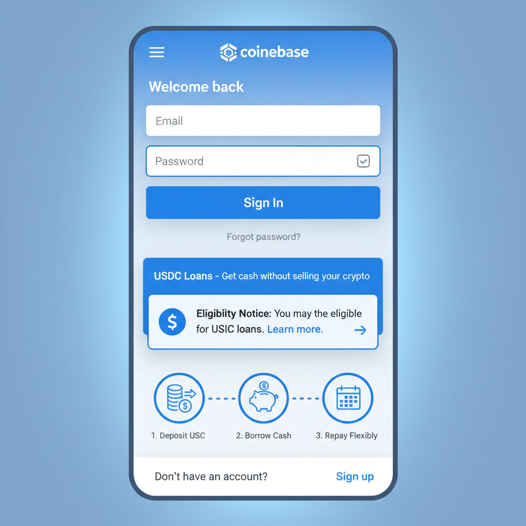 clean screenshot of Coinbase mobile app login screen with eligibility notice for USDC loans, modern UI, blue theme
