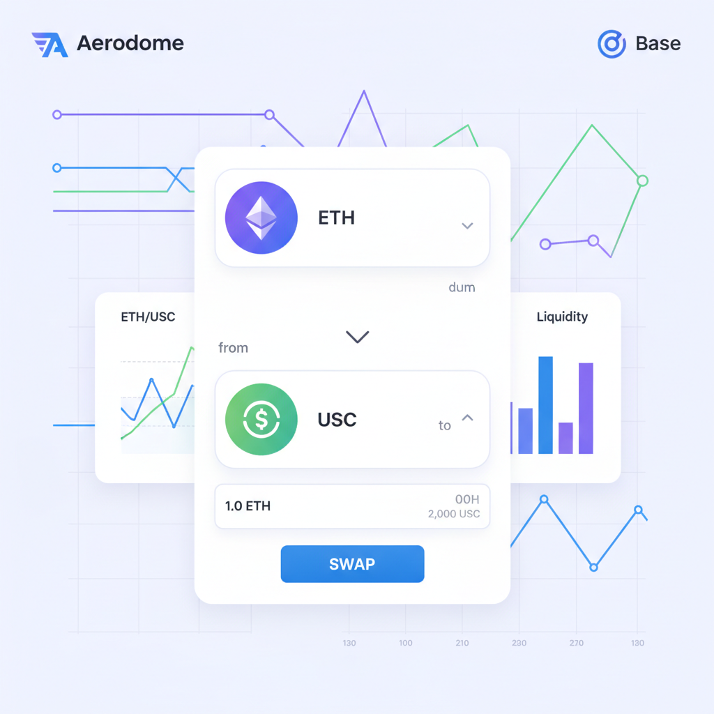 illustration of token swap on Aerodrome DEX interface on Base, ETH to USDC, DeFi charts background