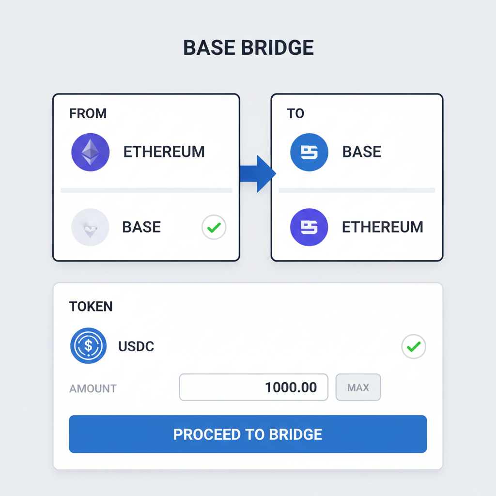 Base bridge website interface with Ethereum to Base selected and USDC token