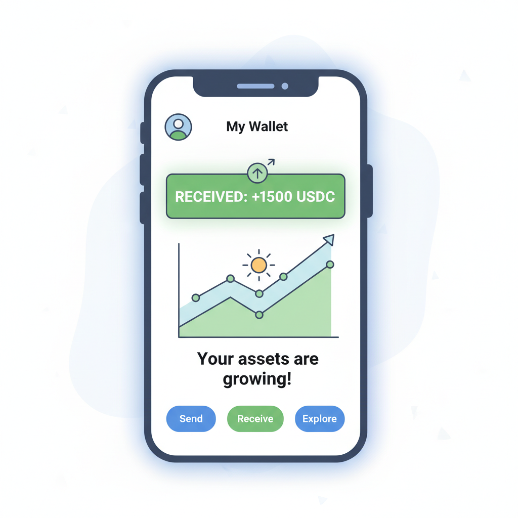 Wallet app showing received USDC with growth chart encouraging vibe