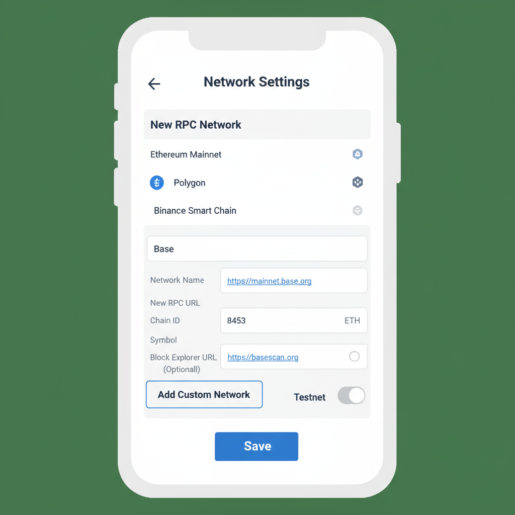 Wallet settings adding Base network with RPC details visible