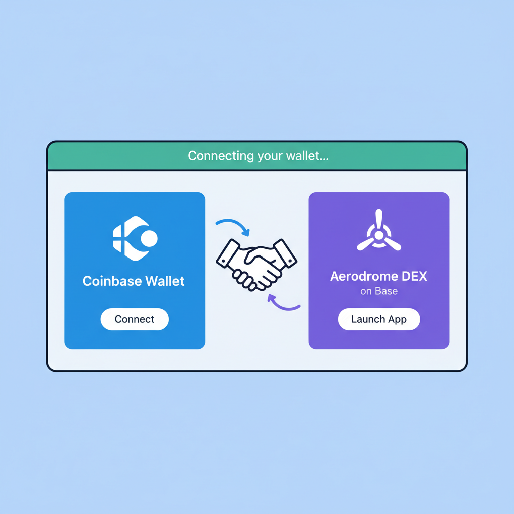 browser screen connecting coinbase wallet to aerodrome dex on base, handshake icon between wallet and platform, clean UI mockup --ar 16:9