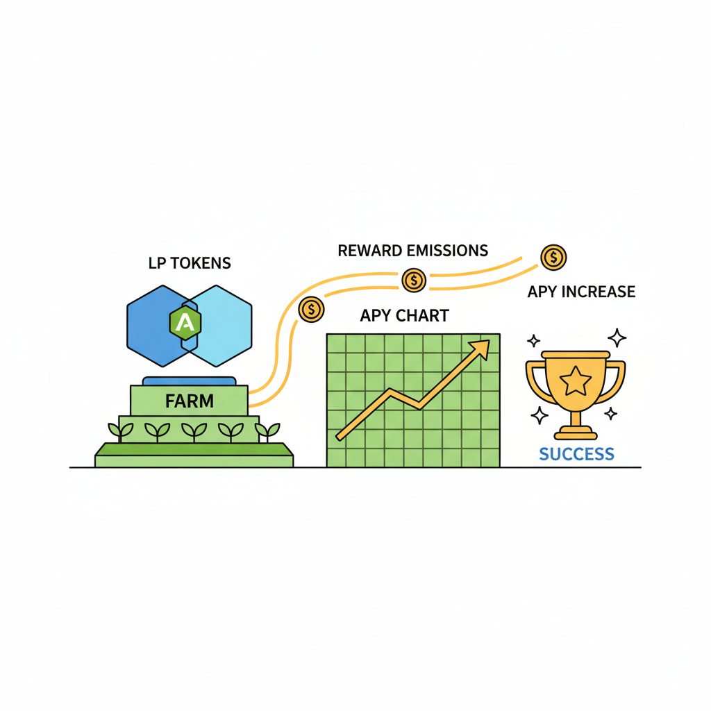 staking LP tokens in aerodrome farm, reward emissions flowing, APY chart rising, success trophy --ar 16:9