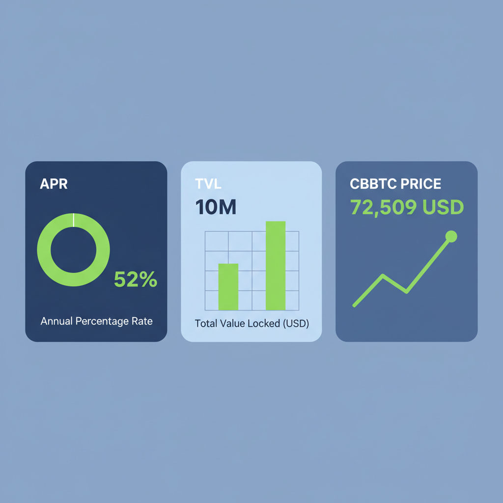 dashboard charts showing apr 52 percent tvl 10m with cbbtc price 72509