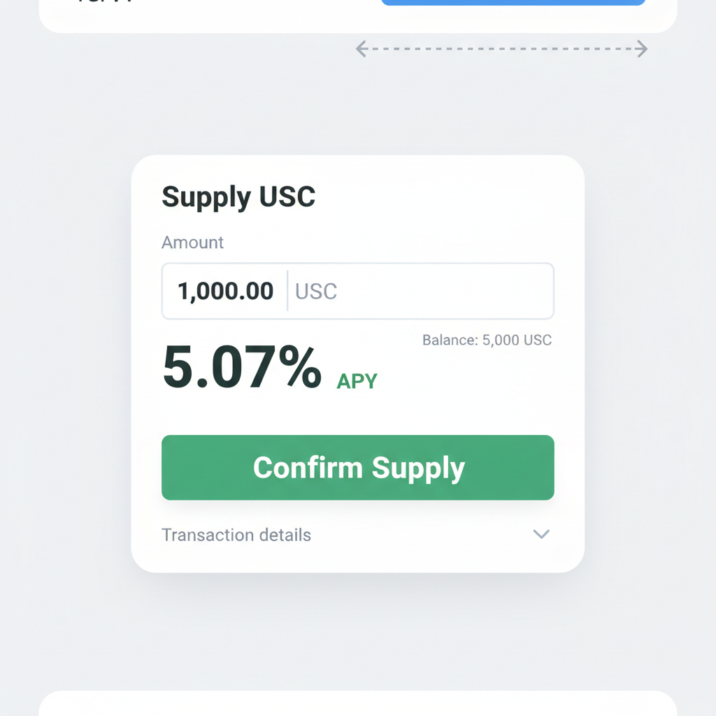 Aave supply USDC interface with amount input and 5-7% APY display, green confirm button