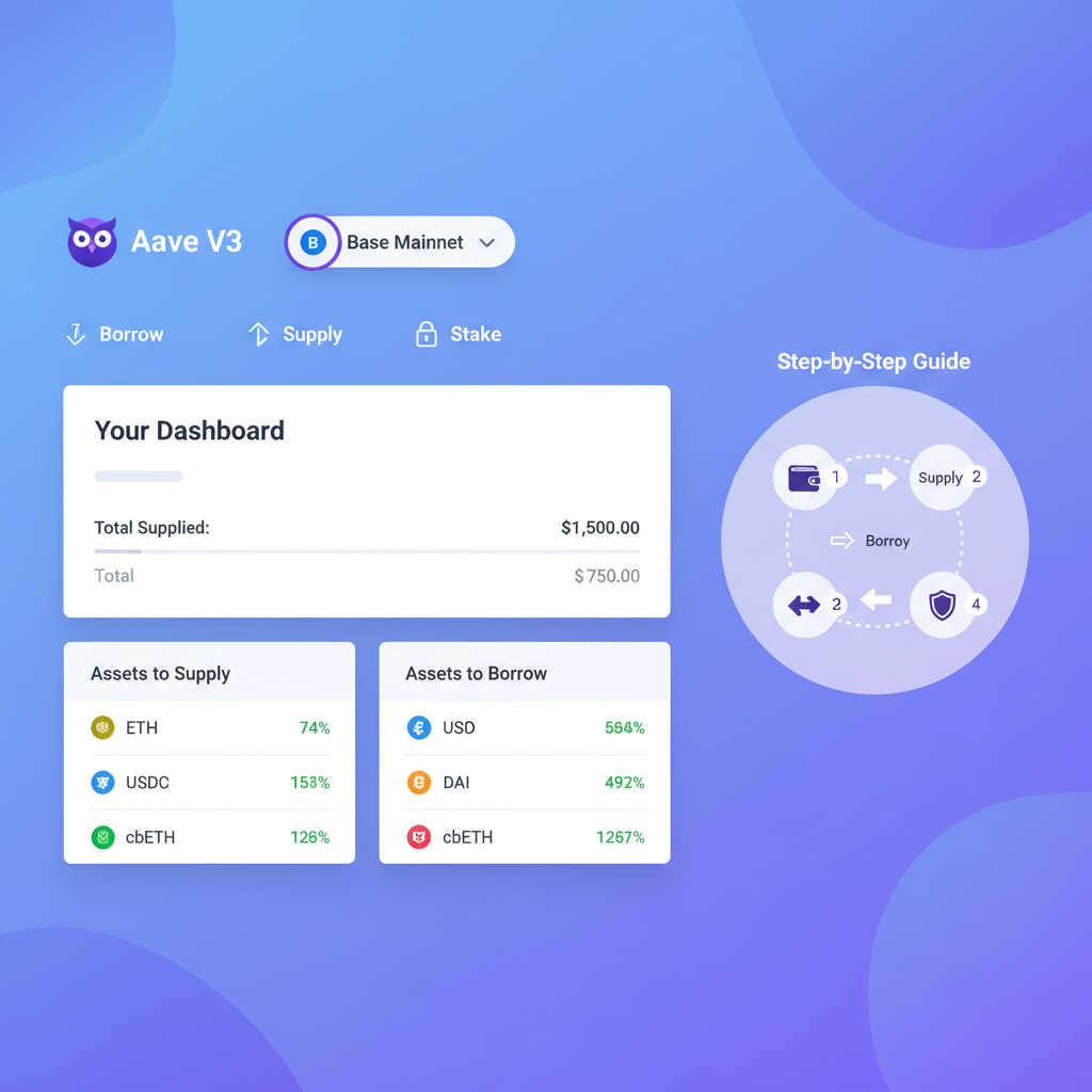 Aave V3 website dashboard on Base chain, clean DeFi interface with network selector