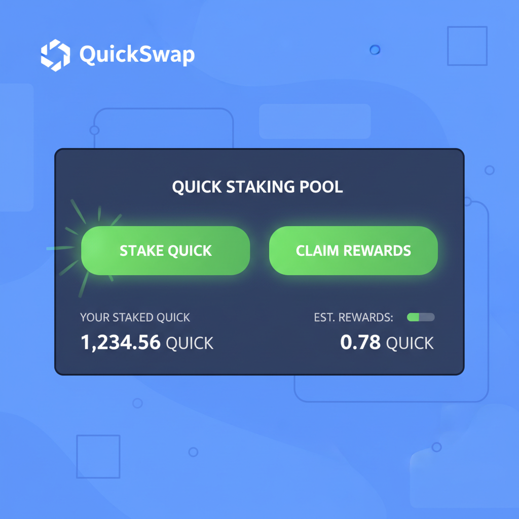 QuickSwap staking interface stake QUICK claim rewards button, green yields glowing