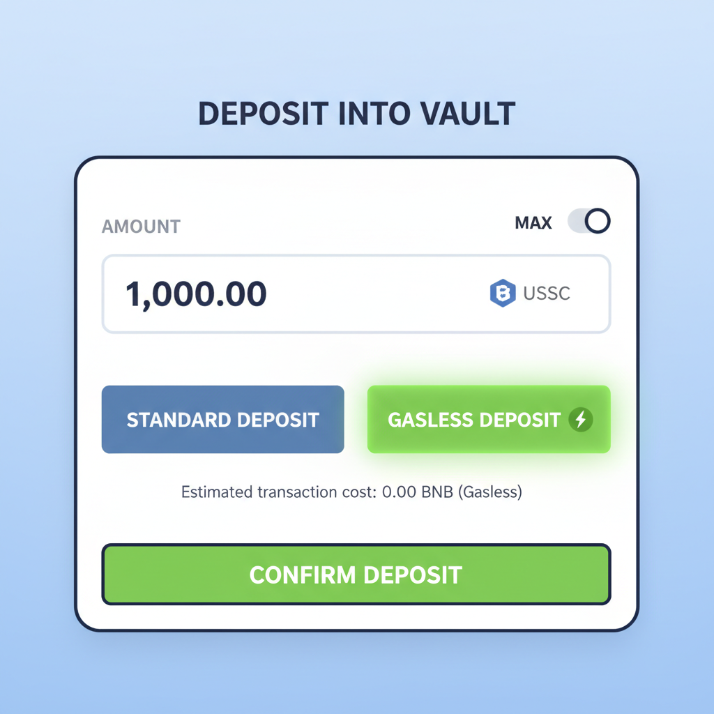 Beefy deposit interface with USDC amount entered and gasless option highlighted