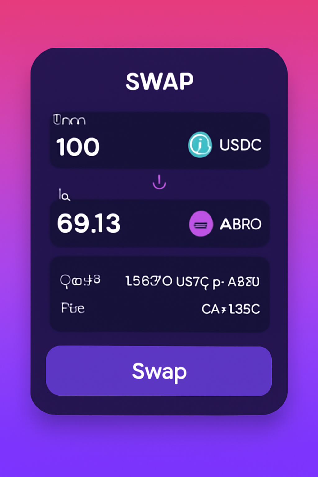 Token swap form with amount entered, quote displayed including fees, Aerodrome style interface, vibrant colors